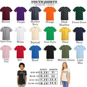 a collection of youth t-shirt designs in various colors and styles, along with the corresponding chest length measurements for each design.