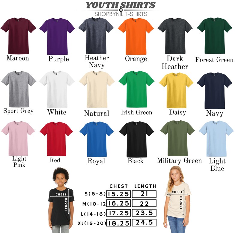 a collection of youth t-shirt designs in various colors and styles, along with the corresponding chest length measurements for each design.