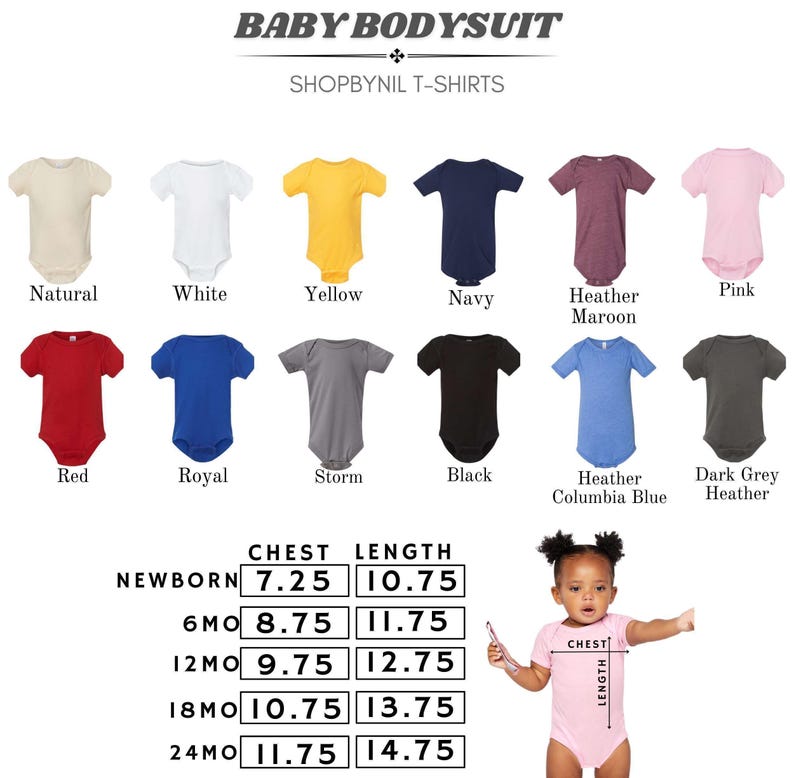 a baby bodysuit is shown with different colors and sizes