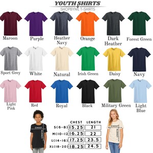 a collection of youth t-shirt designs in various colors and styles, along with the corresponding chest length measurements for each design.