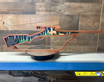 Layered Wood Rifle Wall Art: Deer Scene - Hunter Gift