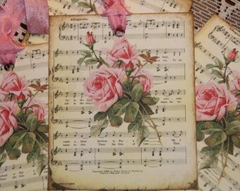 Romantic Music Sheet Pink Roses Gift Tags