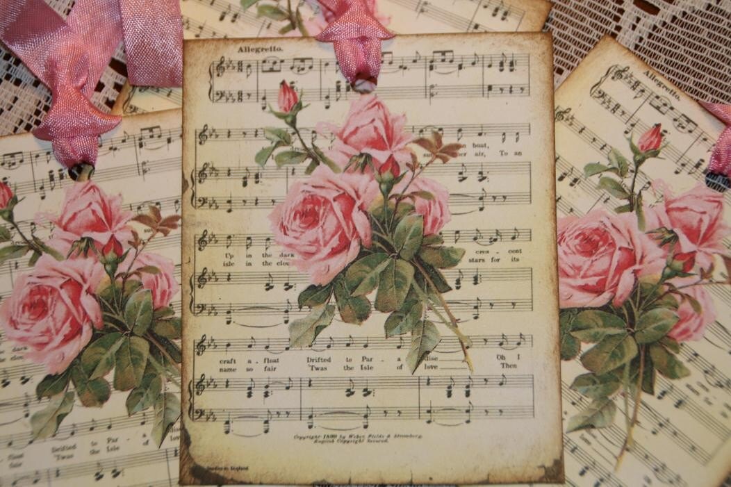 Romantic Music Sheet Pink Roses Gift Tags