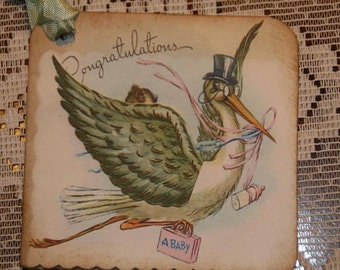 Vintage Stork Baby Shower Tags, Congratulations, Set of 6