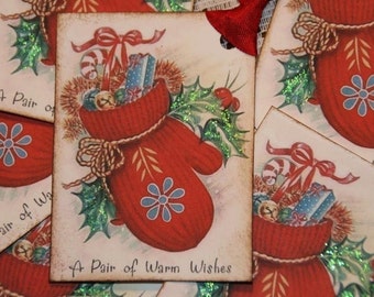 Christmas Gift Tags, Christmas Holiday Tags, A Pair Of Warm Wishes Vintage Postcard, Christmas Tags, Holiday Wrap