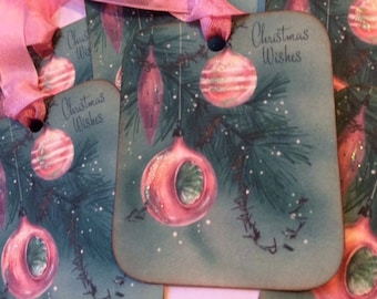 Christmas Tags, Vintage Christmas Tags, Christmas Wishes, Vintage Christmas Card Glittered Tags