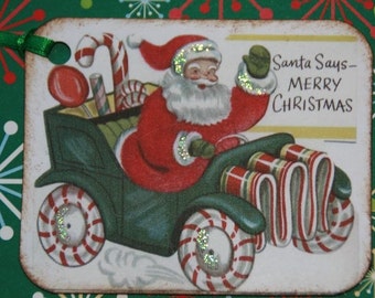 Santa Says Merry Christmas in Candy Car Childrens Holiday Christmas Gift Tags