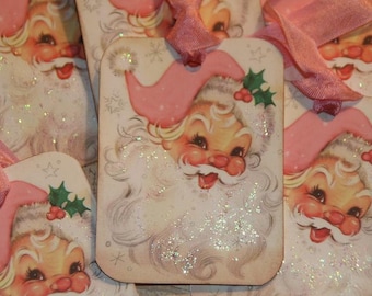 Christmas Gift Tags, Pink Christmas, Pink Santa Tags, Holiday Tags