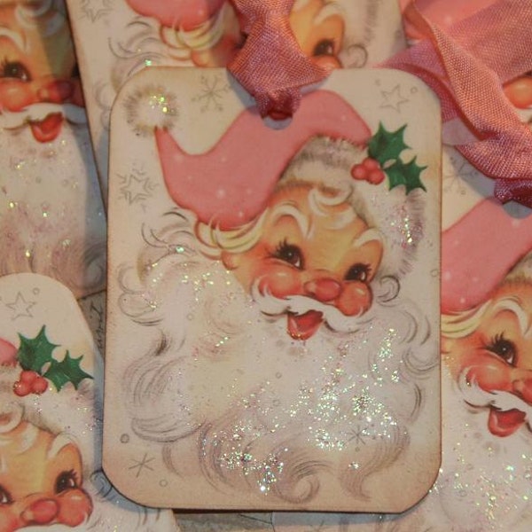 Christmas Gift Tags, Pink Christmas, Pink Santa Tags, Holiday Tags