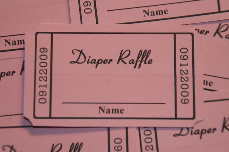 May include: Pink raffle ticket with the text "Diaper Raffle" and spaces for a name and a number. The ticket number is 09122009.