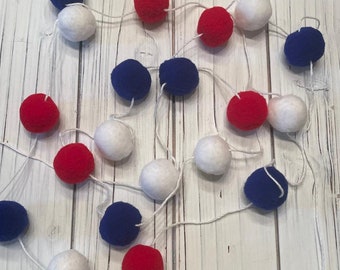 Red White Blue Felt Pom Pom Garland, Patriotic 4th of July Decorations Red White Blue Banner