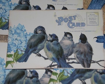 Hydrangea Fleur Bleue et Oiseaux Bleus Sur Une Branche Vintage Carte Postale Étiquettes Cadeaux