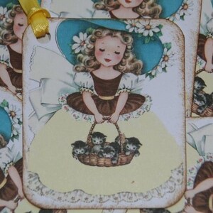 Sweet Girl  Holding Basket of Kittens Gift Tags