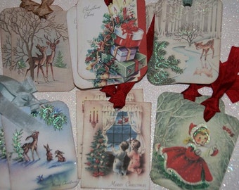 Christmas Tags Holiday Gift Tags, Retro Christmas, Variety Sampler Set - 12 Retro Tags