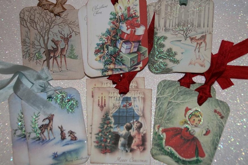 Christmas Tags Holiday Gift Tags, Retro Christmas, Variety Sampler Set 12 Retro Tags image 1