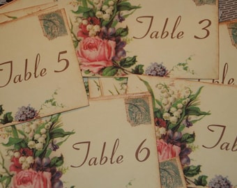 Wedding Table Number Cards,  Vintage Postcard Style Shabby Chic Wedding, Quantity 20