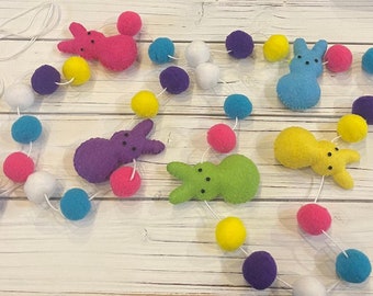 Peep Garland, Peeps Felt Pom Pom Banner, Easter Banner, Bunny Garland, Easter Decor, Spring Decor