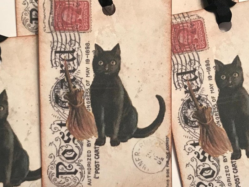Black Cat on vintage Post Card Gift Tags Halloween Gift Tags image 2
