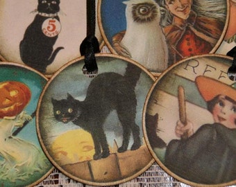 Halloween Tags  One Dozen Spooky Witches Owls Black Cats Skeletons Pumpkins Halloween Gift Tags