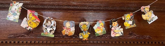 Retro Vintage Easter Banner, Easter Garland, Easter Baby Chicks Bunny Garland, Vintage Easter Cards