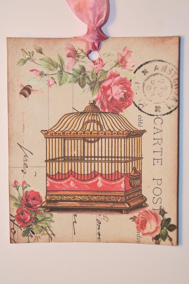 Pink Birdcage Roses Paris Postcard Gift Tags image 2