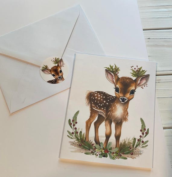 Baby Deer Cards, Woodland Christmas Card Set with Envelopes and Envelope Seals, Hostess Gift, Vintage Old Fashion Christmas Cards