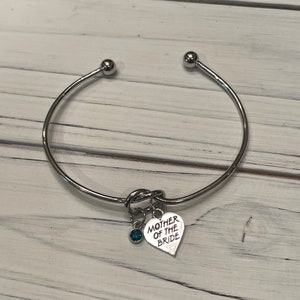 Mother of the Bride Bracelet, Mother of the Groom Bracelet, Knot Bracelet, Sterling Silver Charm, Birthstone Charm, Gift for Mom, Bangle