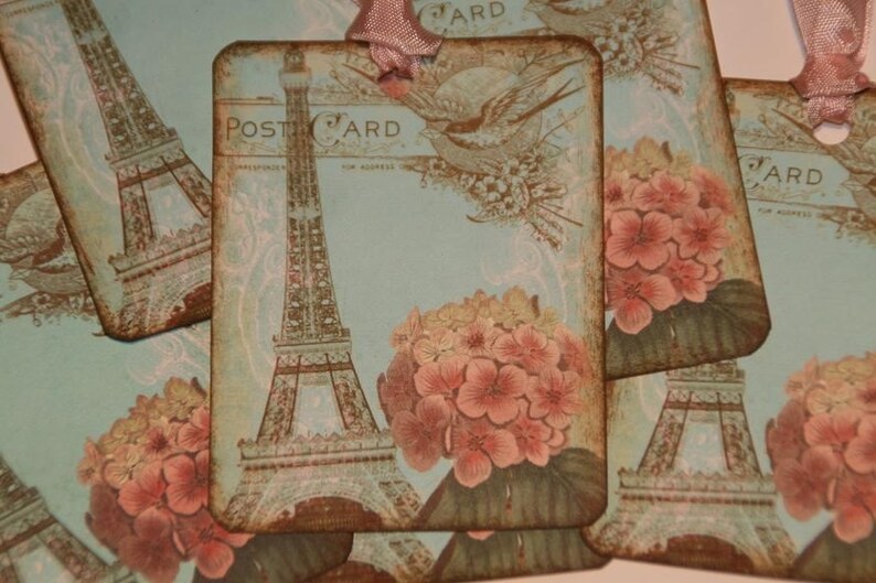 I LOVE PARIS French Post Card Hang Gift Tag image 1