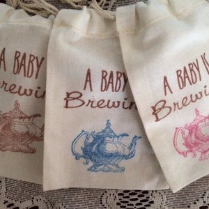 Baby Shower Tea Party Favor Bags 30, Tea Party Baby Shower Favors, Muslin Favor Bags, A Baby is Brewing