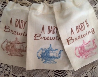 Baby Shower Tea Party Favor Bags 30, Tea Party Baby Shower Favors, Muslin Favor Bags, A Baby is Brewing