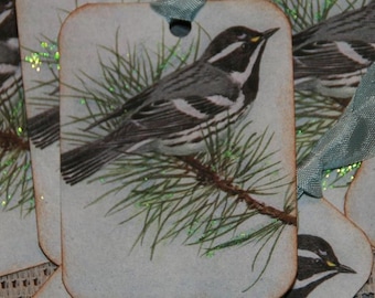 Glittered Vintage Postcard Winter Bird Gift Tags