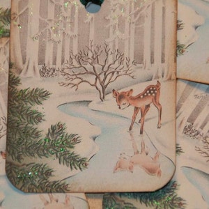 Baby Deer Glittered Old Fashion Vintage Christmas Gift Tags, Christmas Tags, Holiday Tags, Woodland Christmas image 2