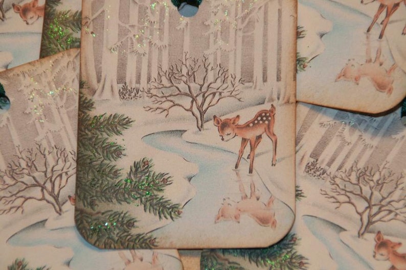 Baby Deer Glittered Old Fashion Vintage Christmas Gift Tags, Christmas Tags, Holiday Tags, Woodland Christmas image 2