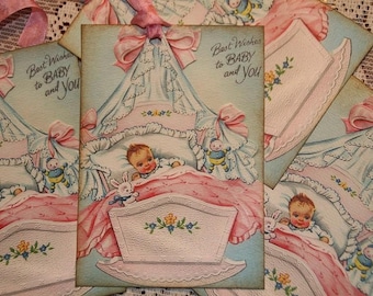 Étiquettes cadeaux vintage pour bébé - papier cartonné années 50 avec ruban rose