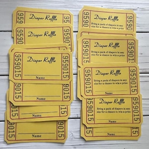 May include: A stack of yellow raffle tickets with red and black text. The tickets say "Diaper Raffle" and "Bring a pack of diapers in any size for a chance to win a prize". There is a blank line for a name on each ticket.