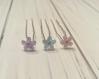 Flower Hair Pins, Set of 3 Floral Hair Pins, Bridesmaid Hair Pins, Blue, Pink or Lavender Flower Hair Accessory