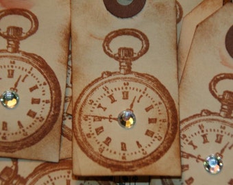 12 étiquettes à cadeaux primitif Vintage horloge-Pocket Watch avec strass embellissement