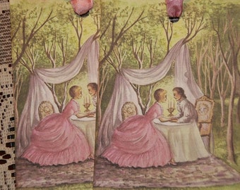 May include: Two couples are seated at a table in a forest setting. The women are wearing pink dresses and the men are wearing white shirts. The table is set with a white tablecloth and a candle in the center. The scene is painted in a vintage style.