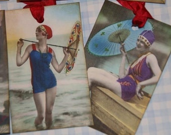 Flapper Swimsuit Gals With Parasols Gift Tags