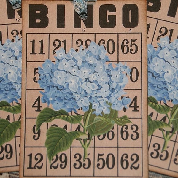 Blue Hydrangea Altered Art BINGO Card Gift Tag or Card
