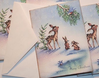 Christmas Card Set with envelopes, Woodland Baby Deer, Vintage Old Fashion Christmas Cards with Glitter