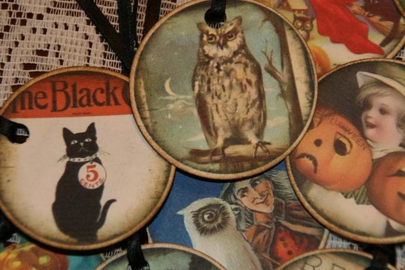 Halloween Tags One Dozen Spooky Witches Owls Black Cats Skeletons Pumpkins Halloween Gift Tags image 3