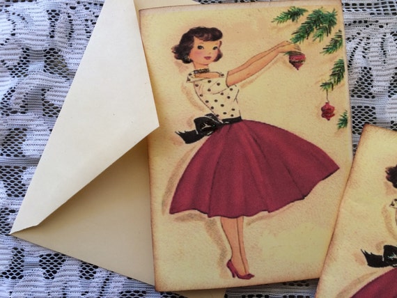 Vintage Housewife Christmas Card Set with envelopes,Hostess Gift, Vintage Old Fashion Christmas Cards with Glitter