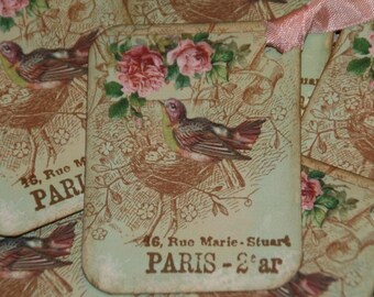 Paris French Inspired Birds Nest Pink Roses Gift Hang Tags