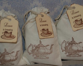 Bridal Tea Party  Favor Bags, Tea Party Favor Tags, Wedding Favor-Bridal Shower Favor Bags,  Love is Brewing  Muslin Bags, Set of 15