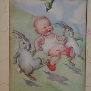 Baby and Bunnies Running Down A Hill,  Baby Shower Gift Tags