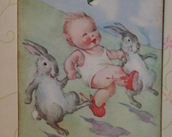 Baby and Bunnies Running Down A Hill,  Baby Shower Gift Tags