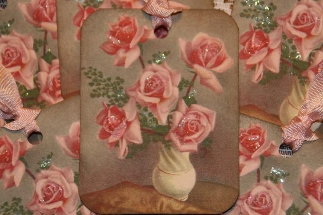 Pink Roses With Tag Shabby Pink Roses Gift Hang Tags - Etsy