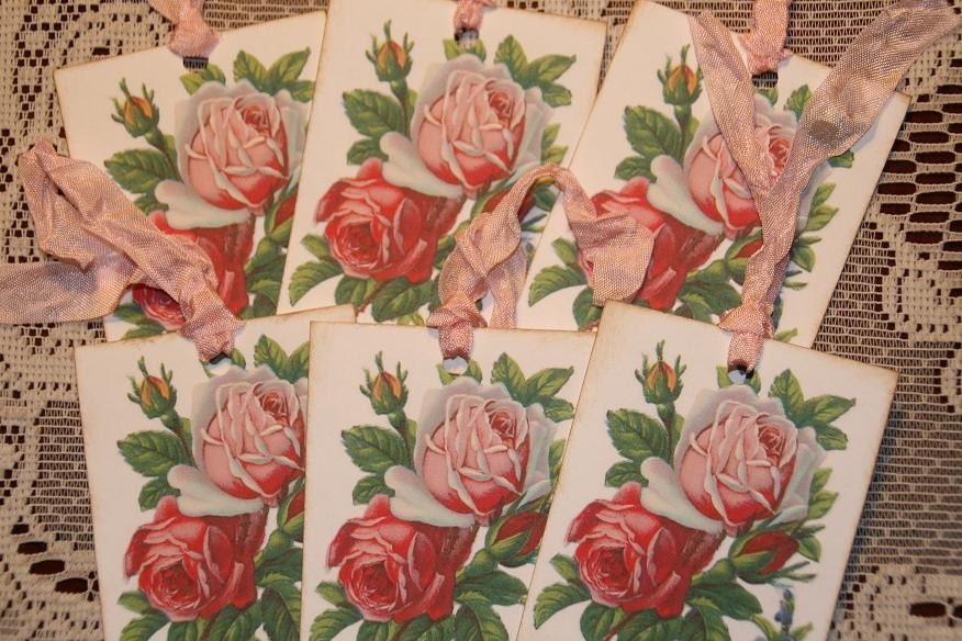 Pink Roses With Tag Cottage Style Pink Roses Gift Tags - Etsy