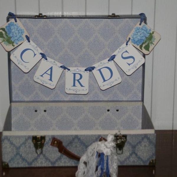 Wedding Card Box, Cards Banner,  Wedding Cards Suitcase, Destination Wedding, Keepsake Wedding Box, Blue Hydrangea Paris Theme Wedding